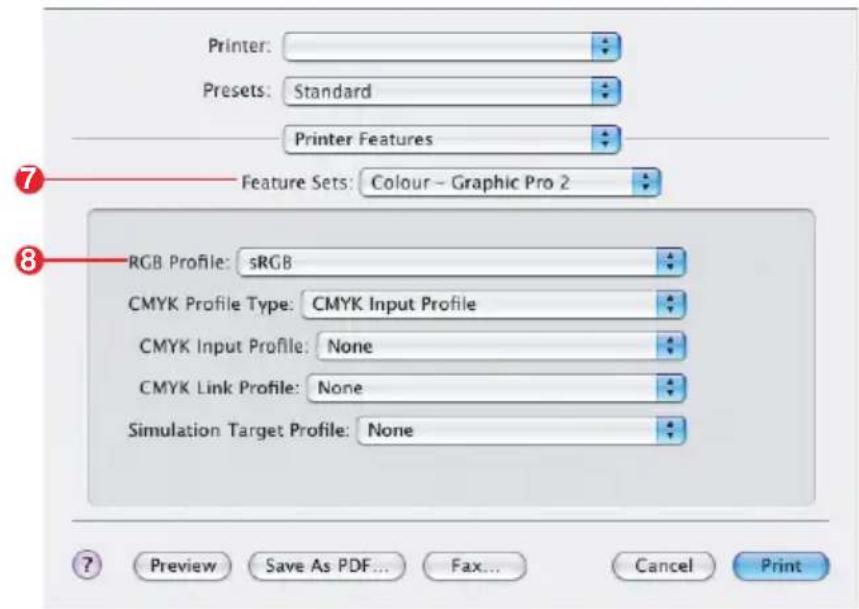 Printer: Presets: Standard Printer Features Feature Sets: Colour - Graphic Pro 2 RGB Profile: sRGB CMYK Profile Type: CMYK Input Profile CMYK Input Profile: None CMYK Link Profile: None Simulation Target Profile: None