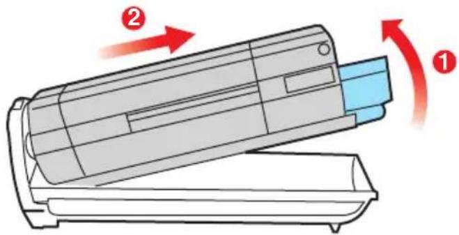 Diagram of a printer with labeled parts and red directional arrows indicating motion or movement
