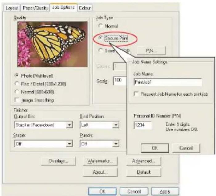 Layout Paper/Quality Job Options Colour Quality Photo (Multilevel) Fine / Detail (600x1200) Normal (600x600) Image Smoothing Finisher Output Bin: Stacker | Face-down| Staple: Off Bind Positions: Left Punch: Off Job Type Normal Secure Print Store: HDD PIN... Colors: 100 Scalg: 100 Job Name Settings Job Name: PrintJob1 Request Job Name for each print job Personal ID Number (PIN) 1234 Enter 4 digits. Use numbers D-S. OK Cancel Apply Overlays... Watermarks... Advanced... About... Default OK Cancel Apply