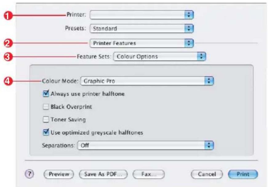 Printer: Presets: Standard Printer Features Feature Sets: Colour Options Colour Mode: Graphic Pro ✓ Always use printer halftone □ Black Overprint □ Toner Saving ✓ Use optimized greyscale halftones Separations: Off Preview Save As PDF... Fax... Cancel Print