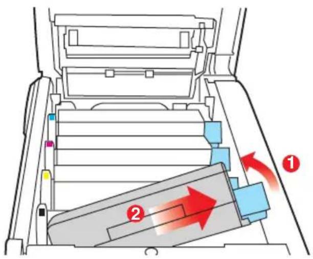 Diagram of a printer drawer with labeled parts and directional arrows indicating movement or flow