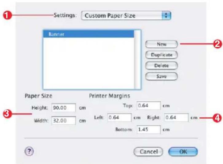 Settings: Custom Paper Size Barrier New Duplicate Delete Save Paper Size Height: 90.00 cm Width: 32.00 cm Printer Margins Top: 0.64 cm Left: 0.64 cm Right: 0.64 cm Bottom: 1.45 cm Cancel OK