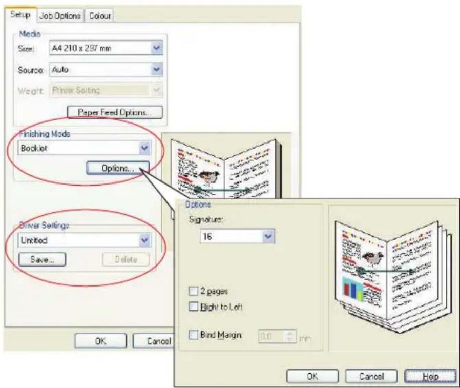 Setup Job Options Colour Media Size: A4 210 x 297 mm Source: Auto Weight: Printer Setting Paper Feed Options... Finishing Mode Booklet Options... Driver Settings: Untitled Save... Delete Options Signature: 16 2 pages Right to Left Bind Margin 0.0 mm OK Cancel OK Cancel Help