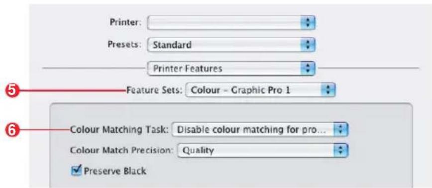 Printer: Presets: Standard Printer Features Feature Sets: Colour - Graphic Pro 1 Colour Matching Task: Disable colour matching for pro... Colour Match Precision: Quality ✓ Preserve Black