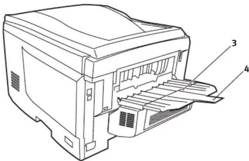Technical line drawing of a printer with labeled parts 3 and 4, showing internal structure and paper feed.