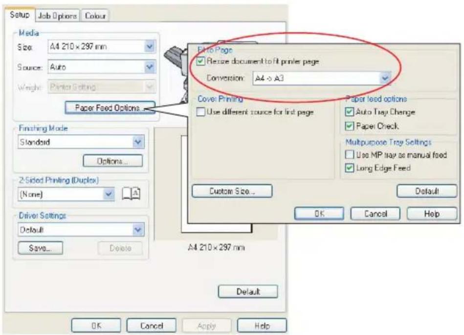Setup Job Options Colour Media Size: A4 210 x 297 mm Source: Auto Weight: Printer Setting: Paper Feed Options... Finishing Mode Standard Options... 2-Sided Printing (Duplex) (None) Driver Settings Default Savs... Delete Auto Page Resize document to fit printer page Conversion: A4 → A3 Cover: Printing Use different source for list page Paper feed options Auto Tray Change Paper Check Multipurpose Tray Settings Use MP tray as manual feed Long Edge Feed Custom Size... Default OK Cancel Apply Help A4 210 x 297 mm Default