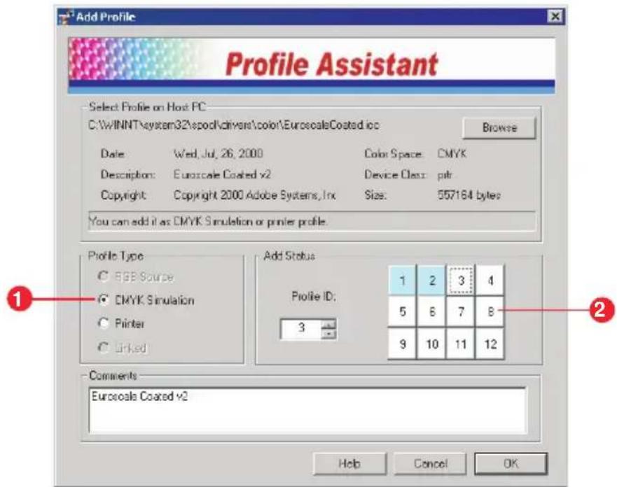 Add Profile Profile Assistant Select Profile on Host PC C:\WINNT\system32\spool\drivers\color\EuroscaleCoated.ioc Browse Date Wed, Jul, 26, 2000 Color Space CMYK Description: Euroscale Coated v2 Device Class ptr Copyright Copyright 2000 Adobe Systems, Inc Size: 957164 bytes You can add it as CMYK Simulation or printer profile. Profile Type ○ BBB Source ● CMYK Simulation ○ Printer ○ Linked Add Status Profile ID: 1 2 3 4 5 6 7 8 9 10 11 12 Comments Euroscale Coated v2 Help Cancel OK