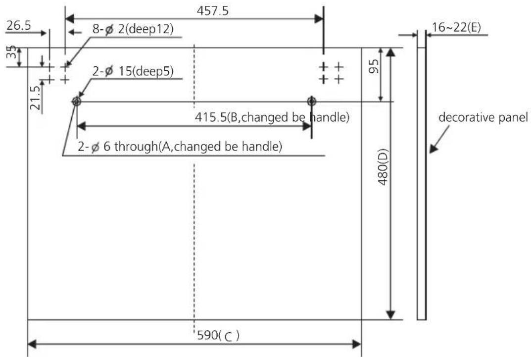 26.5 8-Ø 2(deep12) 457.5 35 21.5 2-Ø 15(deep5) 95 415.5(B,changed be handle) 2-Ø 6 through(A,changed be handle) 480(D) 16~22(E) decorative panel 590(C)