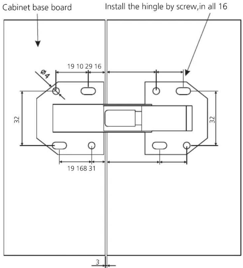 Cabinet base board Install the hinge by screw, in all 16 19 10 29 16 Ø4 32 19 168 31 32 3