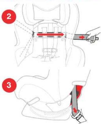Diagram illustrating seatbelt buckle usage with numbered instructions and red arrows indicating movement