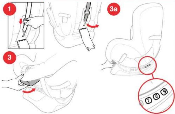 Diagram illustrating car seatbelting steps with numbered instructions and labeled parts