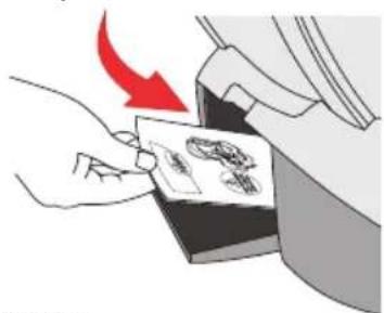 Diagram showing a hand inserting a card into a device with a red arrow indicating the process.
