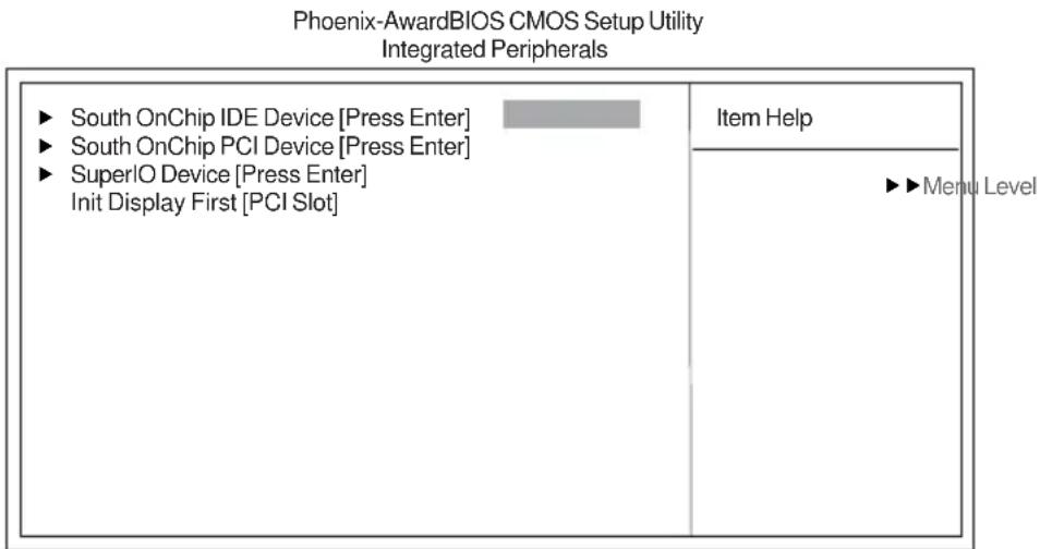 Phoenix-AwardBIOS CMOS Setup Utility Integrated Peripherals ► South OnChip IDE Device [Press Enter] ► South OnChip PCI Device [Press Enter] ► SuperIO Device [Press Enter] Init Display First [PCI Slot] Item Help ►Menu Level