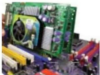 Close-up of a green computer motherboard with visible CPU socket and cooling fan (no text or symbols)