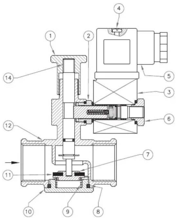 Technical schematic diagram of a mechanical valve or pump assembly with numbered components
