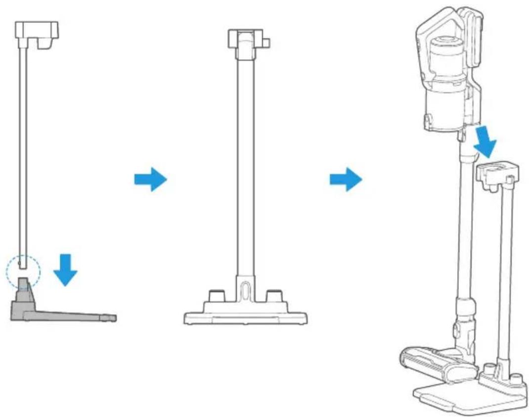 Diagram illustrating the step-by-step installation of a vacuum cleaner, showing change from base to top and back to side.