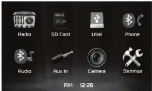 Radio SD Card USB Phone Audio Aux In Camera Settings AM 12:26