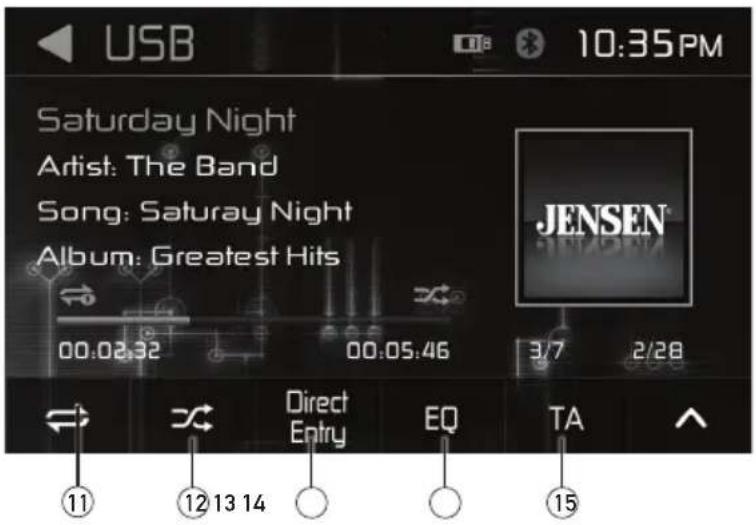 USB 10:35PM Saturday Night Artist: The Band Song: Saturay Night Album: Greatest Hits 00:02:32 00:05:46 3/7 2/28 JENSEN® Direct Entry EQ TA ⑪ ⑫ 13 14 ⑮ ⑯ ⑰