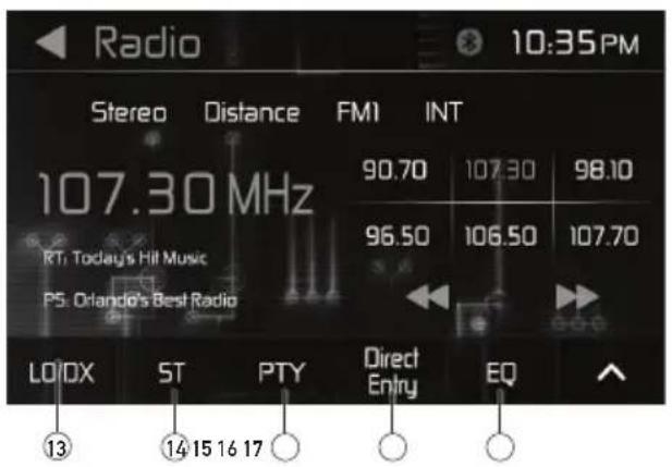Radio 10:35PM Stereo Distance FMI INT 107.30 MHz 90.70 107.30 98.10 RT: Today's Hit Music 96.50 106.50 107.70 P5: Orlando's Best Radio LO/DX ST PTY Direct Entry EQ ↑ ⑬ ⑭ ⑮ ⑯ ⑰ ⑱