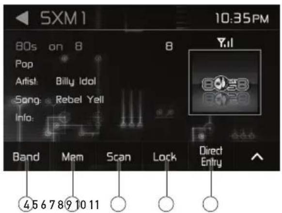 SXM1 10:35PM 80s on 8 Pop Artist: Billy Idol Song: Rebel Yell Info: Band Mem Scan Lock Direct Entry 4567891011
