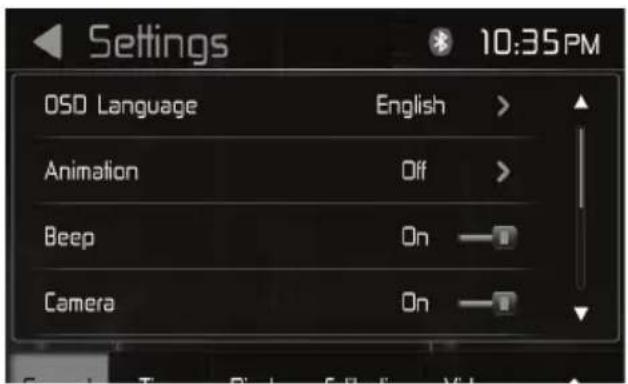 Settings 10:35PM OSO Language English > Animation Off > Beep On Camera On