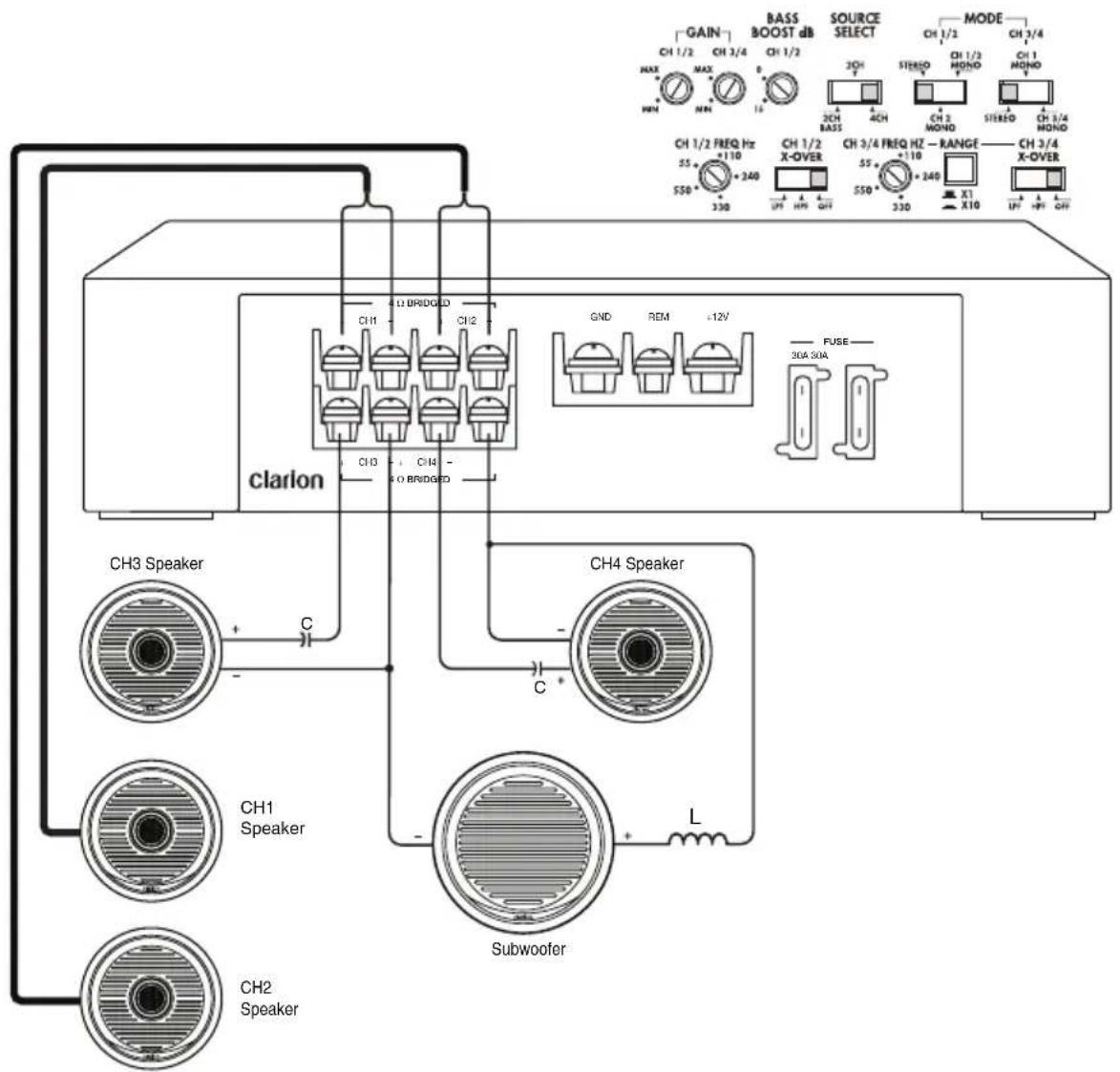 GAIN BASS BOOST db SOURCE SELECT MODE CH 1/2 CH 3/4 MAX MAX CH 1/2 2CH STERSO CH 1/2 CH 3/4 2CH BASS 4CH STEREO CH 1 MOND CH 1/2 FREQ Hz CH 1/2 FREQ Hz CH 3/4 FREQ Hz CH 3/4 55 +110 +240 X-OVER 55 +110 - RANGE CH 3/4 FREQ HZ 550 +330 +240 +330 X10 X10 +9V CH clarion CH3 Speaker CH4 Speaker C C L CH1 Speaker Subwoofer CH2 Speaker