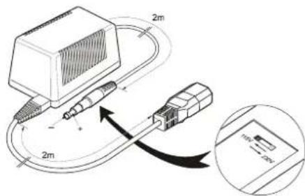 Diagram showing cable connection with labeled components and magnified view of a device's internal structure.