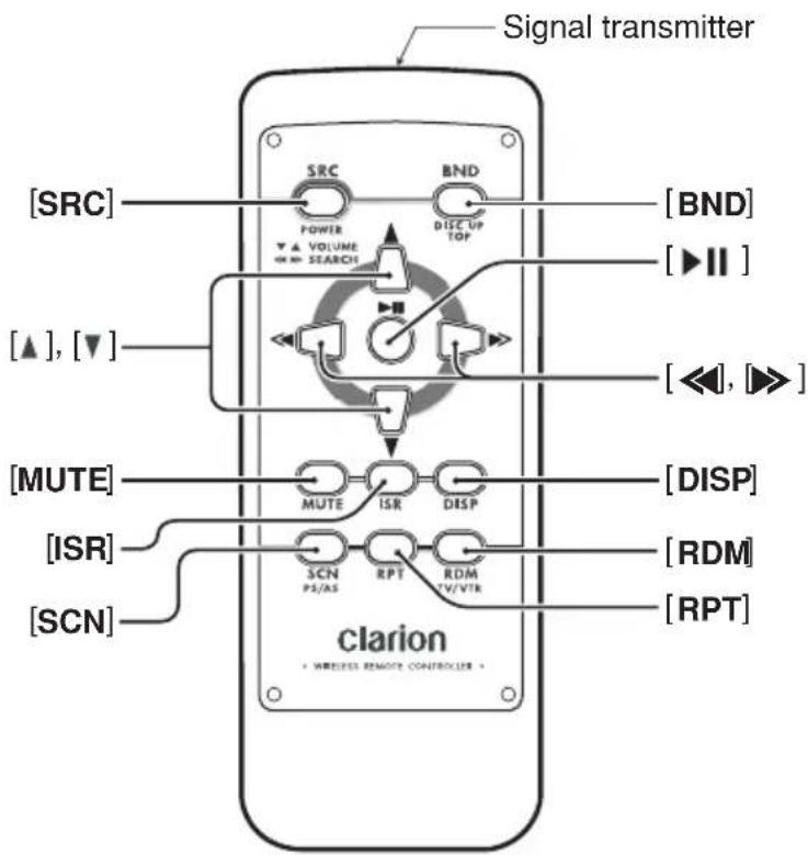 Signal transmitter [ SRC ] [ BND ] [ ▶ II ] [ ▲ ], [ ▼ ] [ ◀◀], [ ▶▶ ] [ MUTE ] [ DISP ] [ ISR ] [ RDM ] [ SCN ] clarion • WIRELESS REMOTE CONTROLLER •
