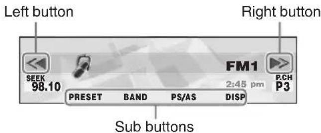 Left button Right button SEEK 98.10 FM1 2:45 pm P.CH P3 PRESET BAND PS/AS DISP Sub buttons