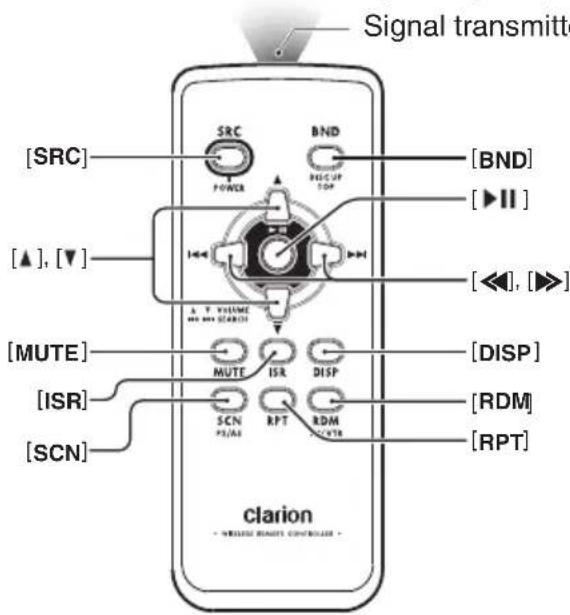 Signal transmitted [SRC] BND [▼II] [▲], [▼] [◀], [▶] [MUTE] [DISP] [ISR] [RDM] [SCN] RPT RDM RPT clarion - WIRELLA RARET CONTROLS -