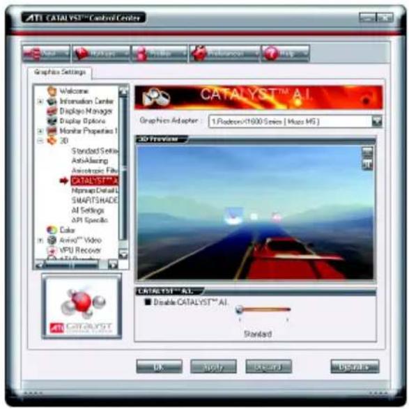ATI CATALYST™ Control Center Graphics Settings Welcome Information Center Display Manager Display Options Monitor Properties 1 3D Standard Setup Anti-Ablating Anotropic Flo CATALYST™ Nmap4 Detail L SMARTSHADE AI Settings API Specifics Color Amino™ Video MPU Recover CatalYST™ CATALYST™ AI. Graph Nics Adapter : 1.PodronX1600 Series | Music MS | 3D Preview CATALYST™ AI. Double CATALYST™ AI. Standard OK Apply Cancel Details