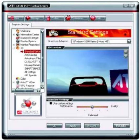 ATI CATALYST™ Control Center Graphics Settings Welcome Information Center Display Manager Display Options Monitor Properties 1 3D Standard Sets AutoAssess Annotropic Filter CATALYST™ AI MmapMap Details SMARTSHADE AI Settings API Specifics Color Avid™ Video MPU Recover ATI Standard Settings Use custom settings Performance Quality Advanced OK Apply Cancel Help