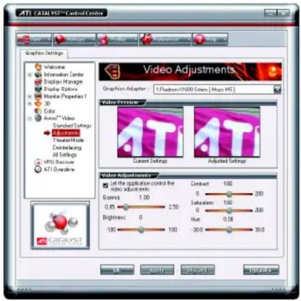 ATI CATALYST™ Control Center Graphix Settings Welcome Information Center Display Manager Display Options Monitor Properties 1 3D Color Audio™ Video Standard Settings Adjustments Traveler Mode Deimelacing AI Settings MPU Recover ATI Overdine Video Adjustments Graphics Adapter : 1/RedmonX1600 Series [ Muco MG ] Video Preview Current Settings Adjusted Settings Video Adjustments Let the application control the video adjustments Gross: 1.00 0.85 2.50 Brightness: 0 -100 100 Contract 100 0 200 Saturation 100 200 Hue 0.08 30.0 OK Apply Record Updates