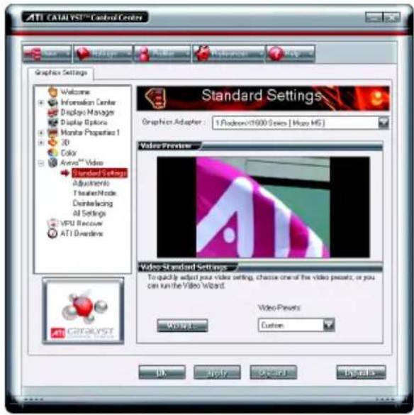 ATI CATALYST™ Control Center Graphics Settings Welcome Information Center Display Manager Display Options Monitor Properties 1 3D Color Avon™ Video Standard Settings Adjustments Theaser Node Deinterlacing AI Settings MPU Recovar ATI Diverdens Standard Settings Graphics Adapter : 1/Flashcom/1600 Series | Micro MS | Video Preview Video Standard Settings To quickly adjust your video settings, choose one of the video presets, or you can run the Video Wizard. Video Presets: Custom OK Apply Cancel Defaults