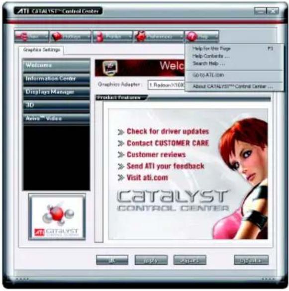 ATI CATALYST™ Control Center Help for the Page Help Contents ... Search Help ... GO TO ATL 2000 About CATALYST™ Control Center ... Product Features Check for driver updates Contact CUSTOMER CARE Customer reviews Send ATI your feedback Visit ati.com CATALYST CONTROL CENTER