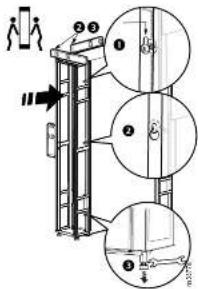 Diagram illustrating a door mechanism with labeled parts and directional arrows, including hand positions and structural details.