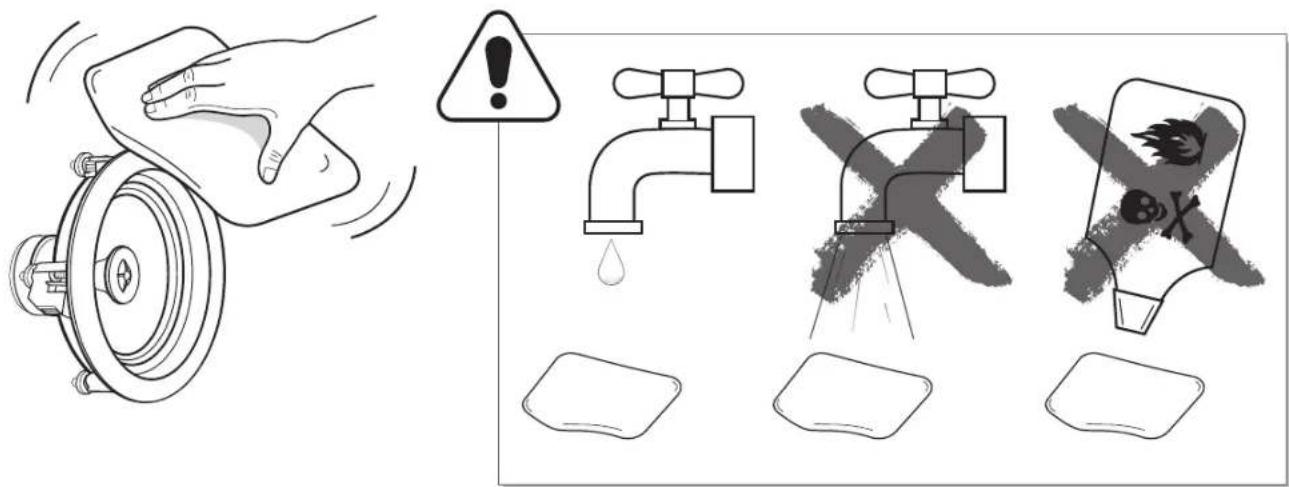 Safety warning illustration showing hand holding a faucet, warning sign, water tap, and explosion hazard symbol