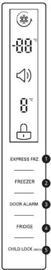 Express freezing. Freezer door alarm. Fridge child lock (seconds).
