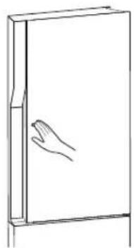 Line drawing of a book with a hand pointing at the front page (no text or symbols).