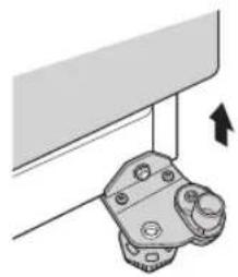 Mechanical component diagram showing a bracket with mounting holes and an arrow indicating rotation (no text or symbols)