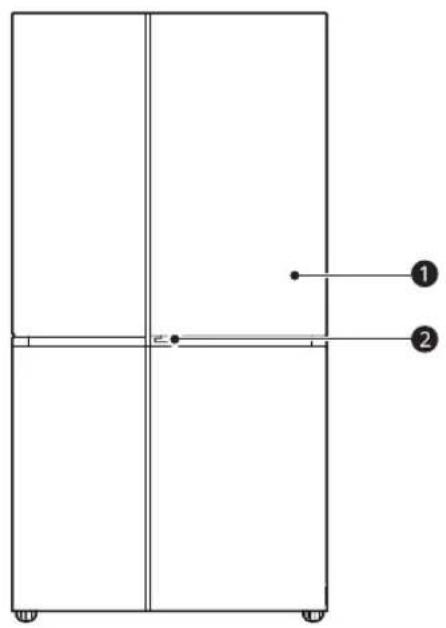 Technical diagram of a four-panel cabinet or enclosure with labeled components 1 and 2.