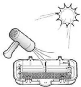 Illustration of a sun-dyeing device emitting exhaust from a speaker into a battery pack (no text or symbols).