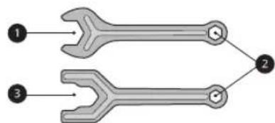 Diagram showing two wrenches labeled 1 and 3 connected to a terminal node, likely illustrating a mechanical or electrical component.