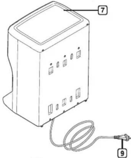 Technical diagram of a portable electronic device with labeled parts 7 and 9, showing internal compartments and cable connection.