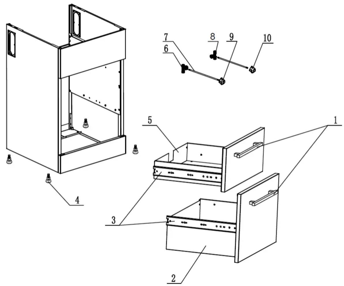 Technical diagram of a refrigerator with numbered parts and exploded view, showing internal components and assembly.