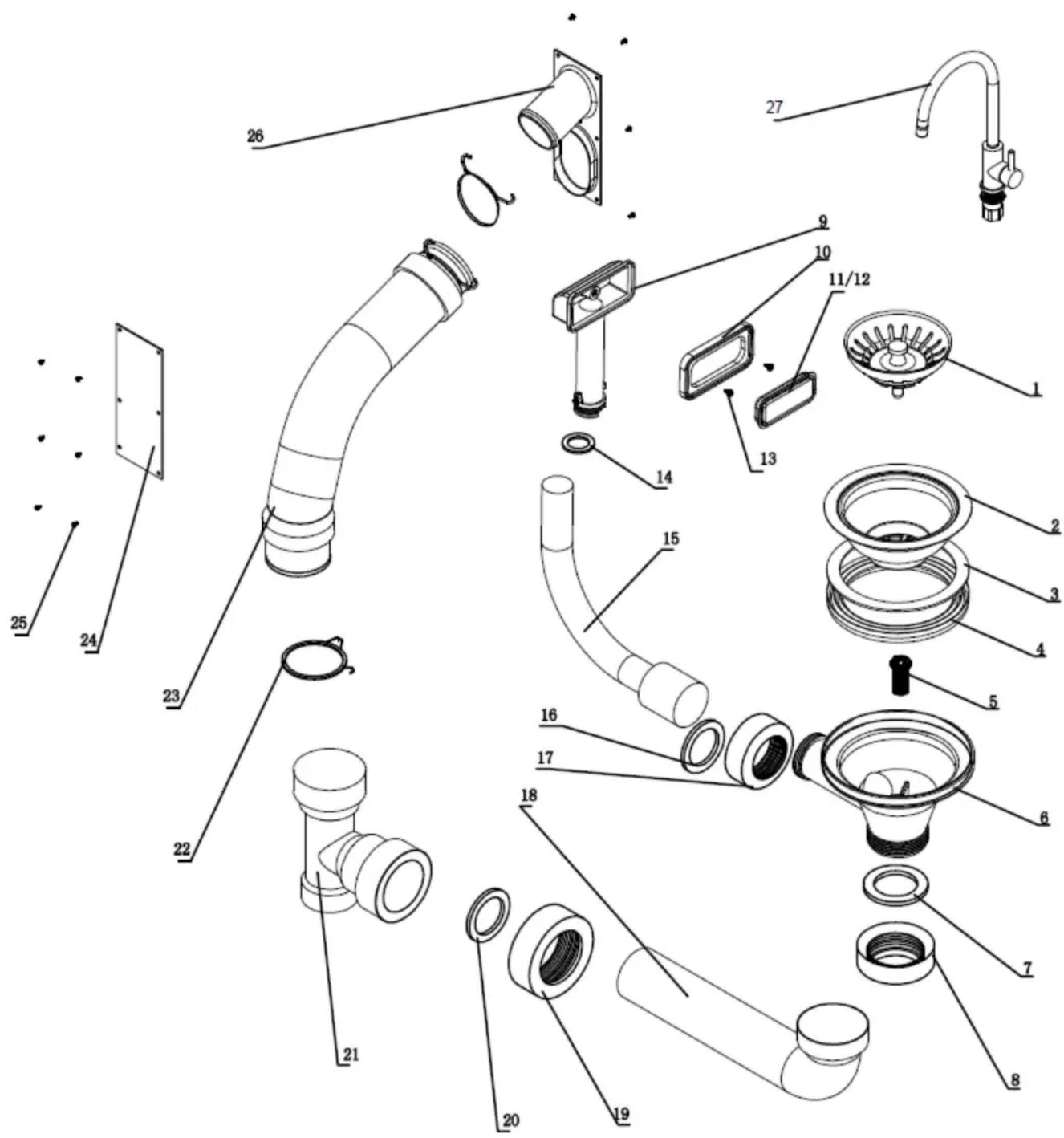 Exploded view diagram of a bathroom sink assembly with numbered parts for identification