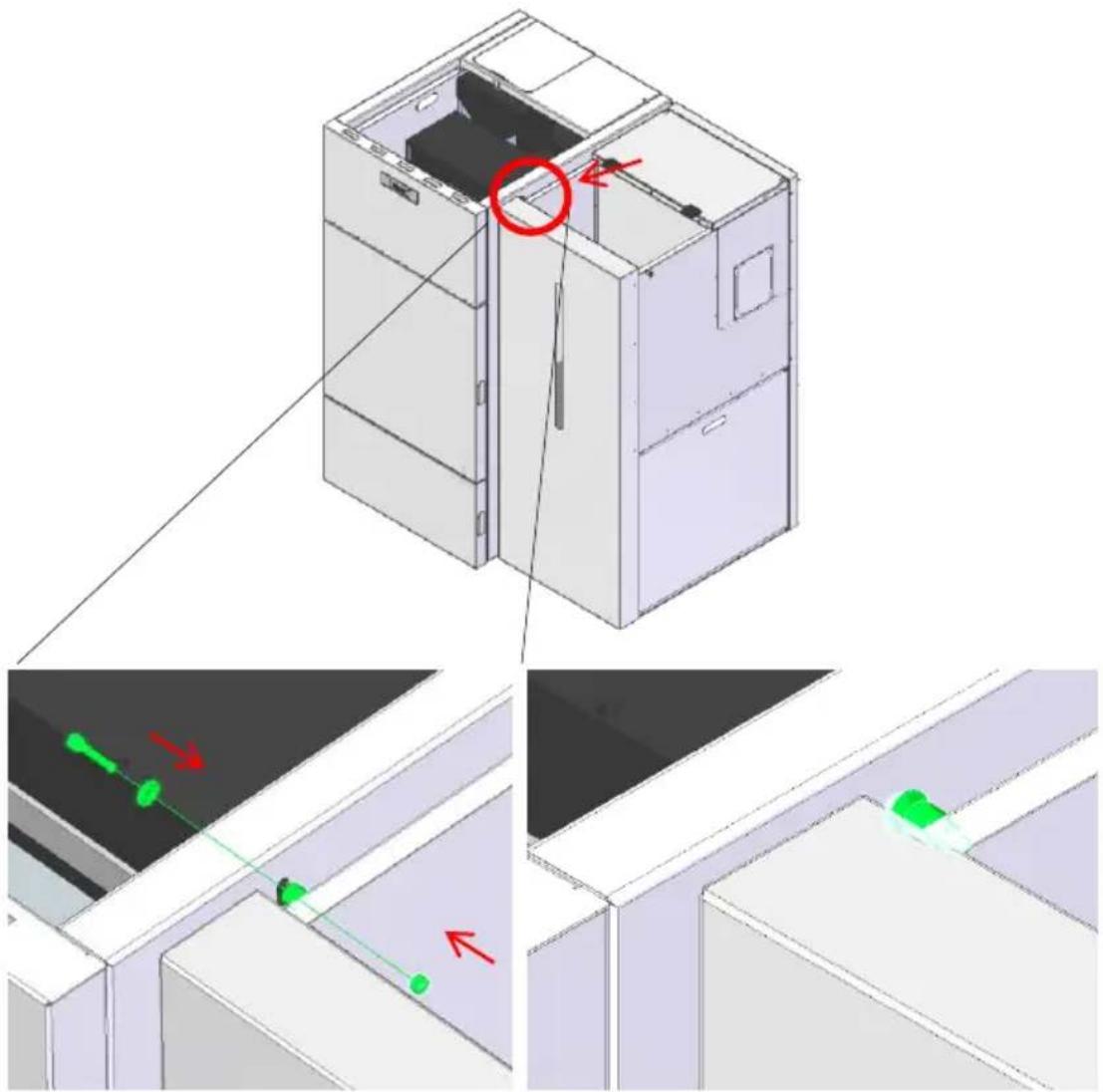 Technical diagram showing a 3D cabinet with highlighted internal components and annotated green indicator lights indicating alignment or measurement points.