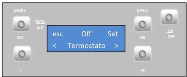MODE MAN AUT ESC esc Off Set < Termostato > MENU OK ON OFF +