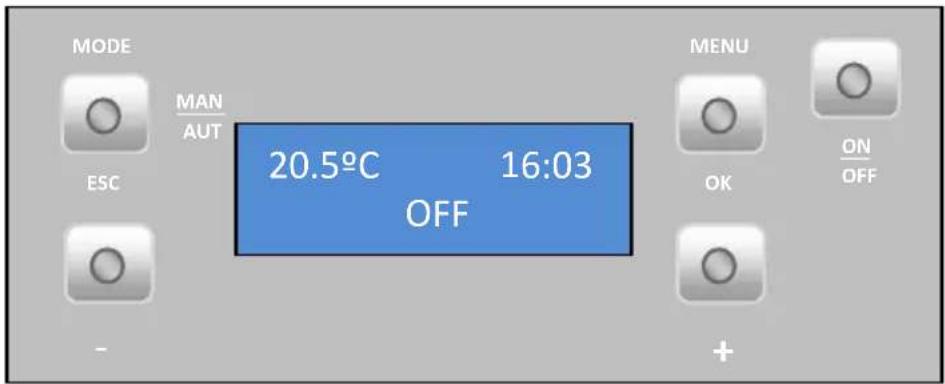 MODE MAN AUT ESC 20.5°C 16:03 OFF MENU OK ON OFF - +