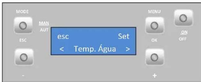 MODE MAN AUT ESC esc Set < Temp. Água > MENU OK ON OFF +
